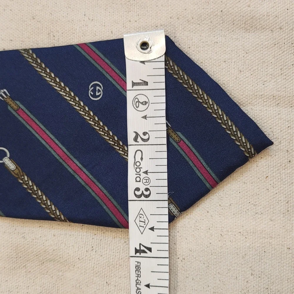 Vintage GUCCI Silk Necktie Navy Web Stripe Belt Rope Equestrian Tie Horsebit